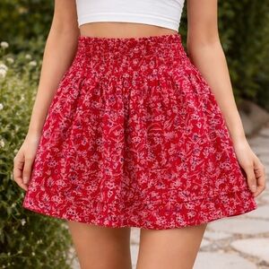 Talbots Women's Red White Skirt Size Small Elastic Waist Floral Cotton Skater